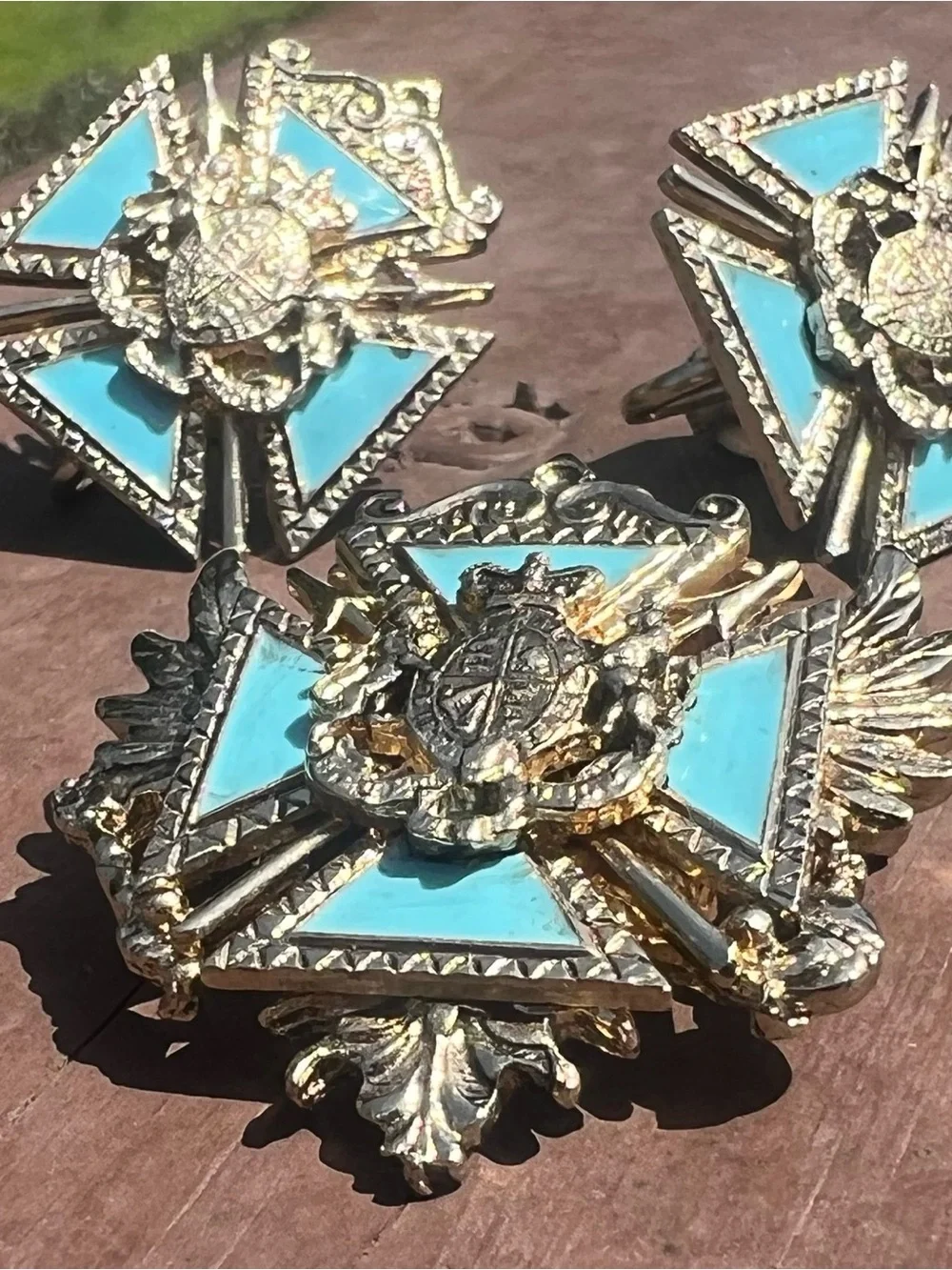 Antique Signed Coro Brooch and Earring Set - Aqua Enamel